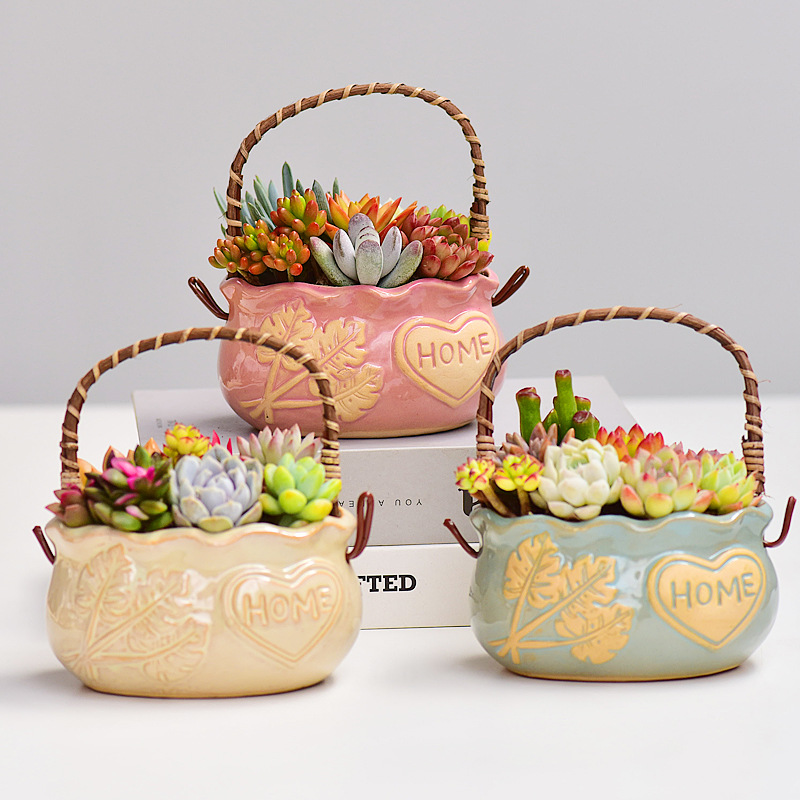 Snake Plant Ceramic - 北欧スタイルのセラミック製多肉植物鉢、通気性のあるラタンハンドル付きプランター、卓上ホームガーデンデコレーション