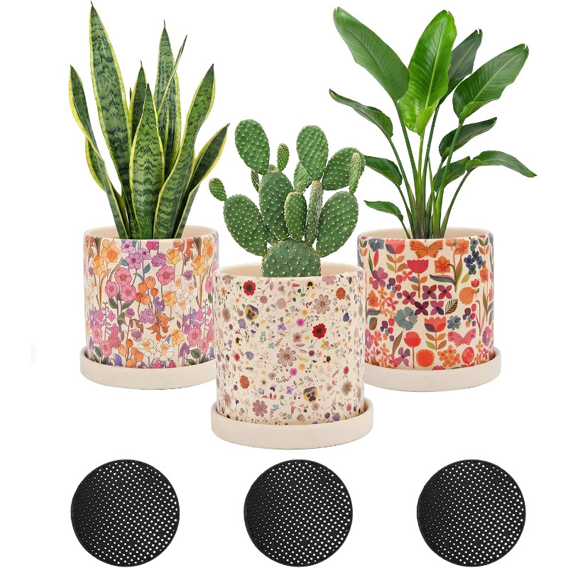 Snake Plant Ceramic - 3個セット 花柄セラミック鉢 排水穴付き受け皿付き 室内・屋外用鉢 多肉植物、サボテン、サンスベリアの庭の装飾に