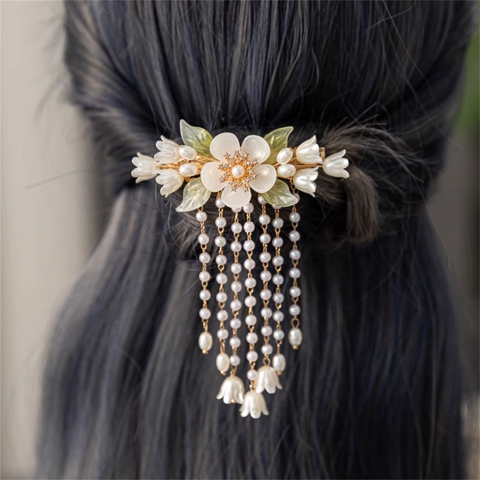 Orchid Phalaenopsis - ヴィンテージフラワータッセルヘアクリップ女性のためのエレガントなパールベル蘭ヘアクリップ絶妙なドレスチャイナ韓服ヘアアクセサリー