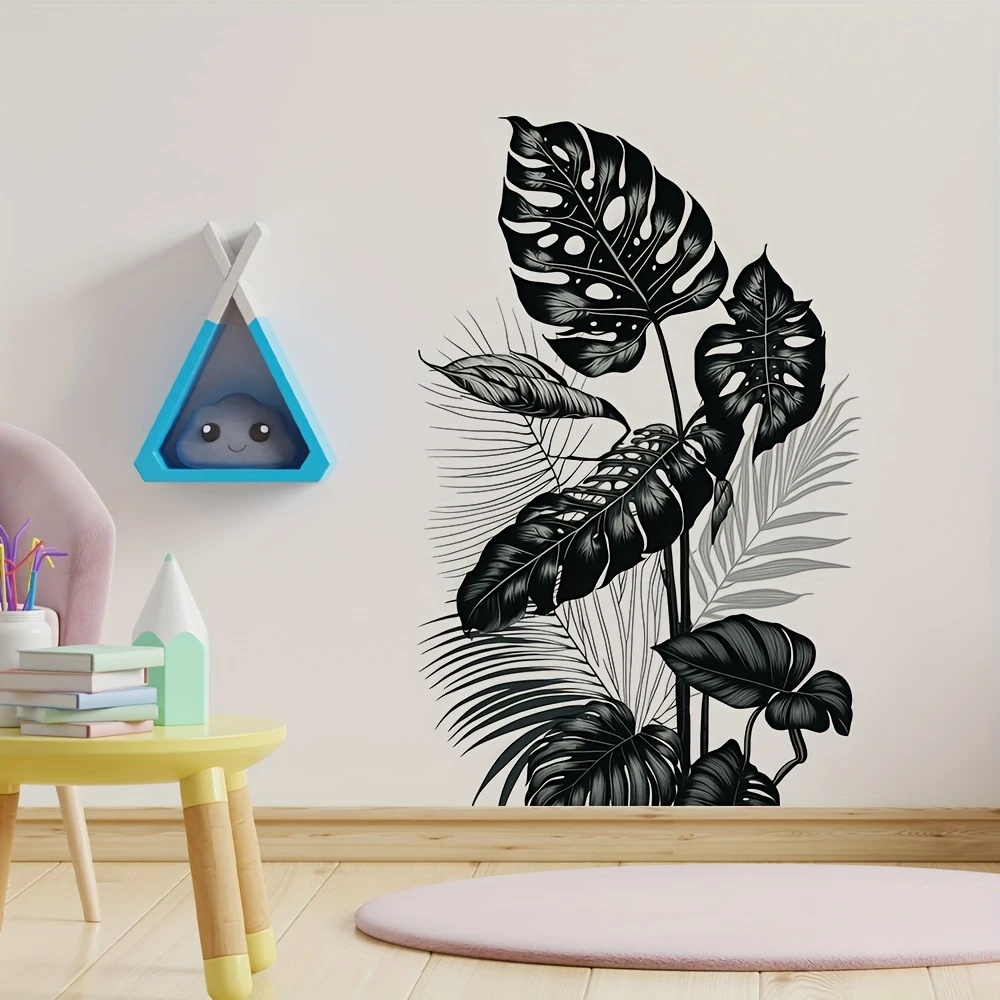 Monstera Thai Constellation - MT1184 # 黒と白のトロピカルリーフウォールデカール、自己粘着PVC、モンステラとヤシのデザイン、リビングルーム、ベッドルーム用