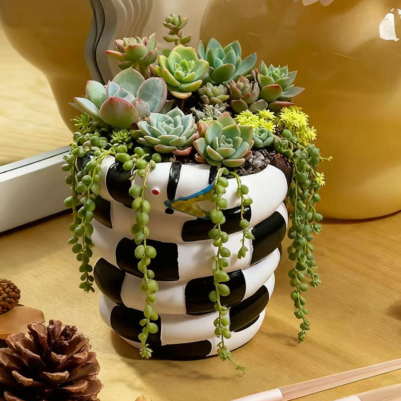 1個入り 黒白の蛇型樹脂製植木鉢 - クリエイティブなDIY - Snake Plant Ceramic のレビューと価格