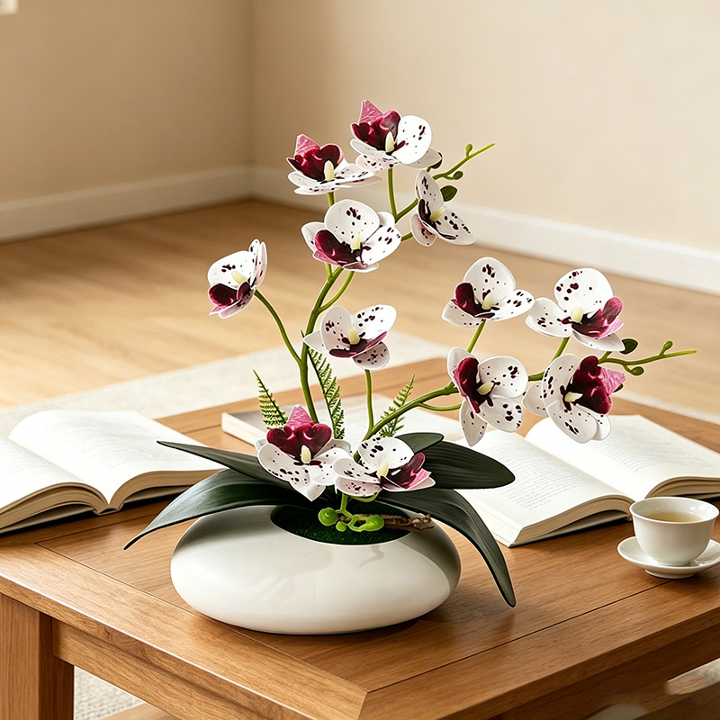 蝶蘭 12 花盆栽小さな飾りリビングルームの装飾フィルム造花 - Orchid Phalaenopsis のレビューと価格