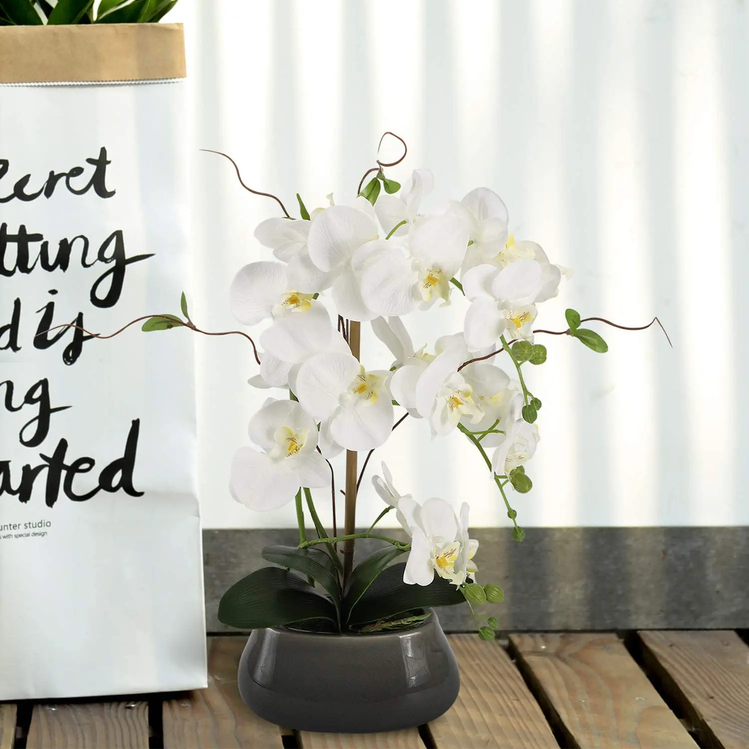 ダイニングルーム用人工蘭フラワーセンター、花瓶付きテーブル、 - Orchid Phalaenopsis のレビューと価格