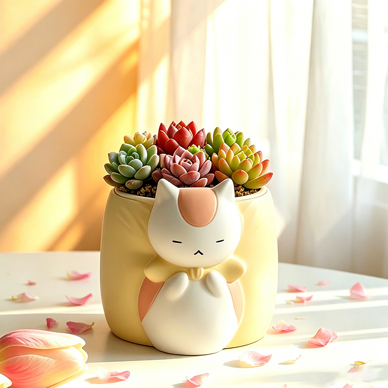 眠そうなぽっちゃり猫の樹脂製多肉植物プランター、かわいい動物 - Snake Plant Ceramic のレビューと価格