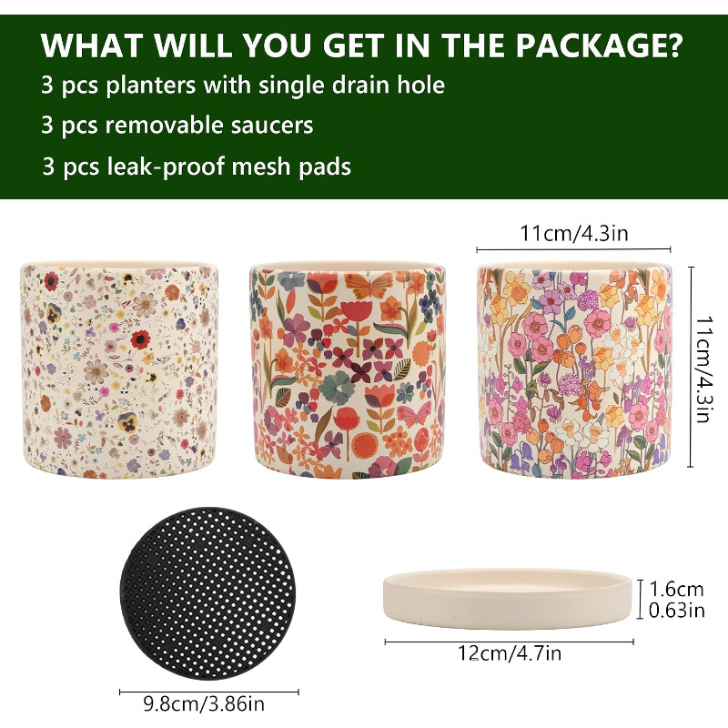 3個セット 花柄セラミック鉢 排水穴付き受け皿付き 室内・屋 - Snake Plant Ceramic のレビューと価格